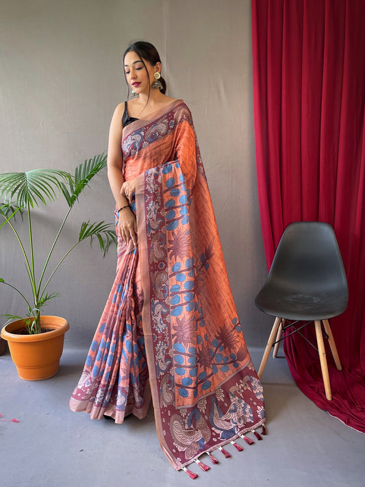 Kalanandi Cotton Kalamkari Printed Saree Dark Peach Saris & Lehengas