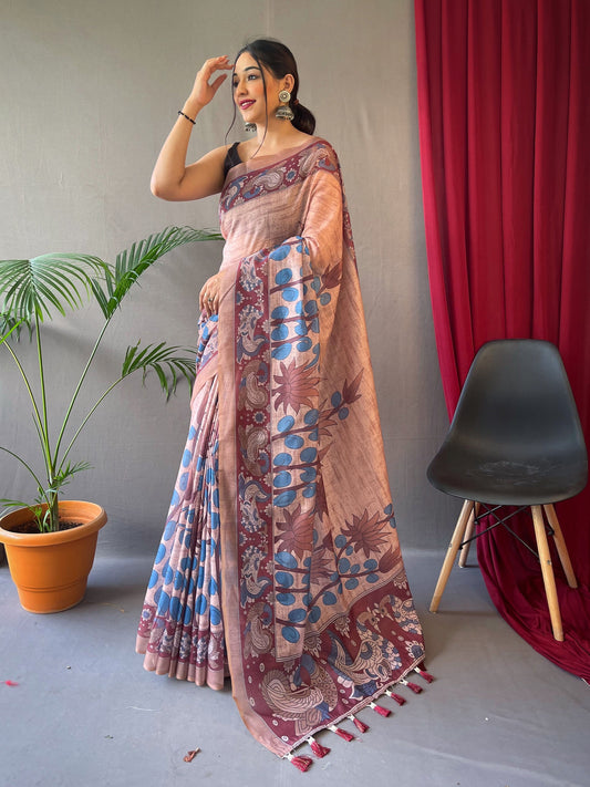 Kalanandi Cotton Kalamkari Printed Saree Light Salmon Saris & Lehengas