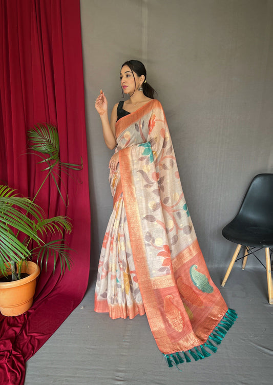 Pure Chanderi Banarasi Silk Saree Peach