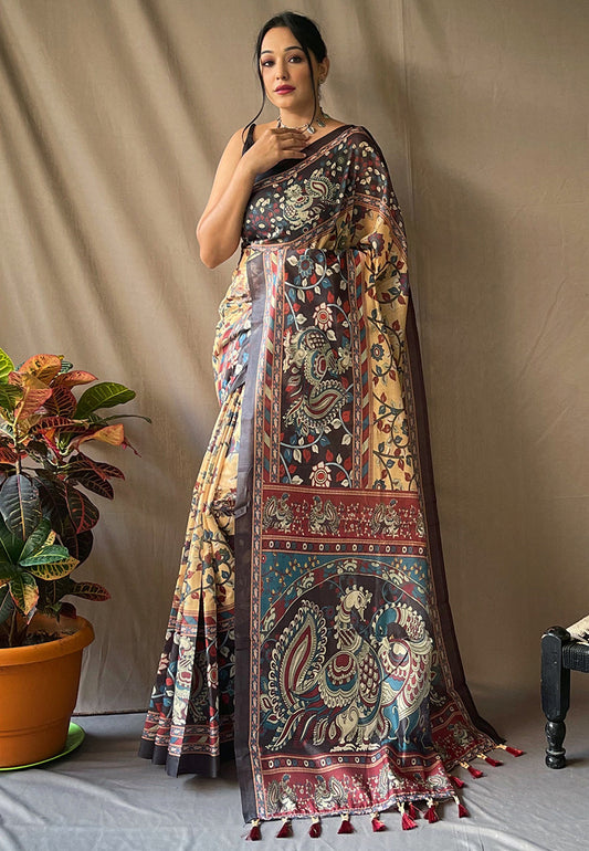 Cotton Kalamkari Printed Saree Chickoo Saris & Lehengas