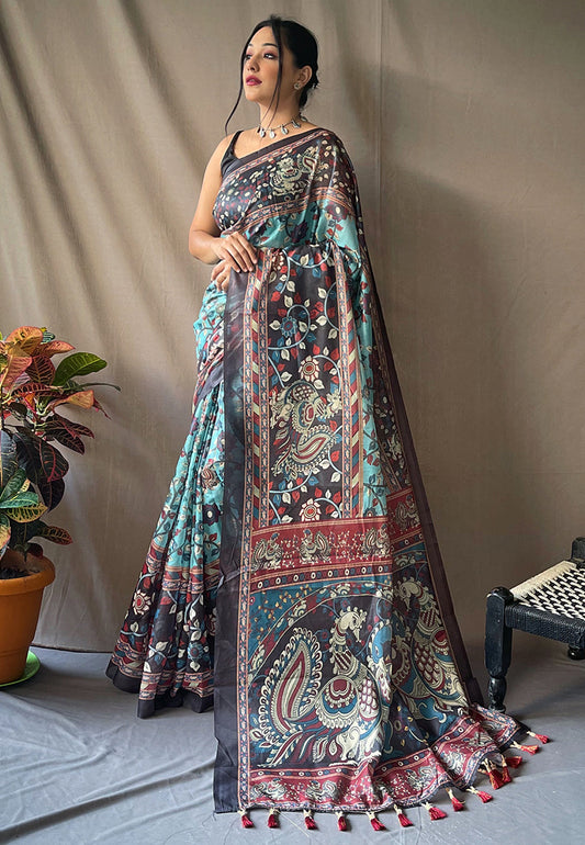 Cotton Kalamkari Printed Saree Blue Saris & Lehengas