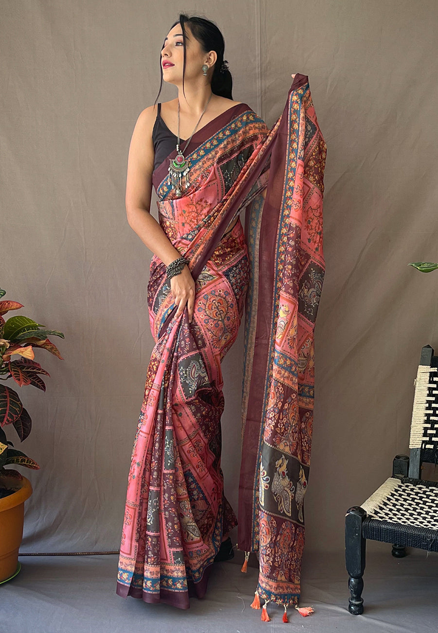 Cotton Kalamkari Printed Saree Deep Pink Saris & Lehengas