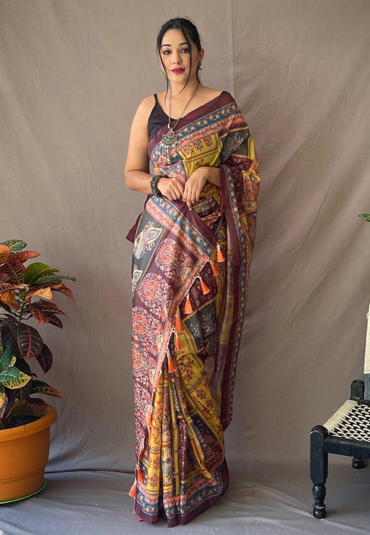 Cotton Kalamkari Printed Saree Luxor Gold Saris & Lehengas