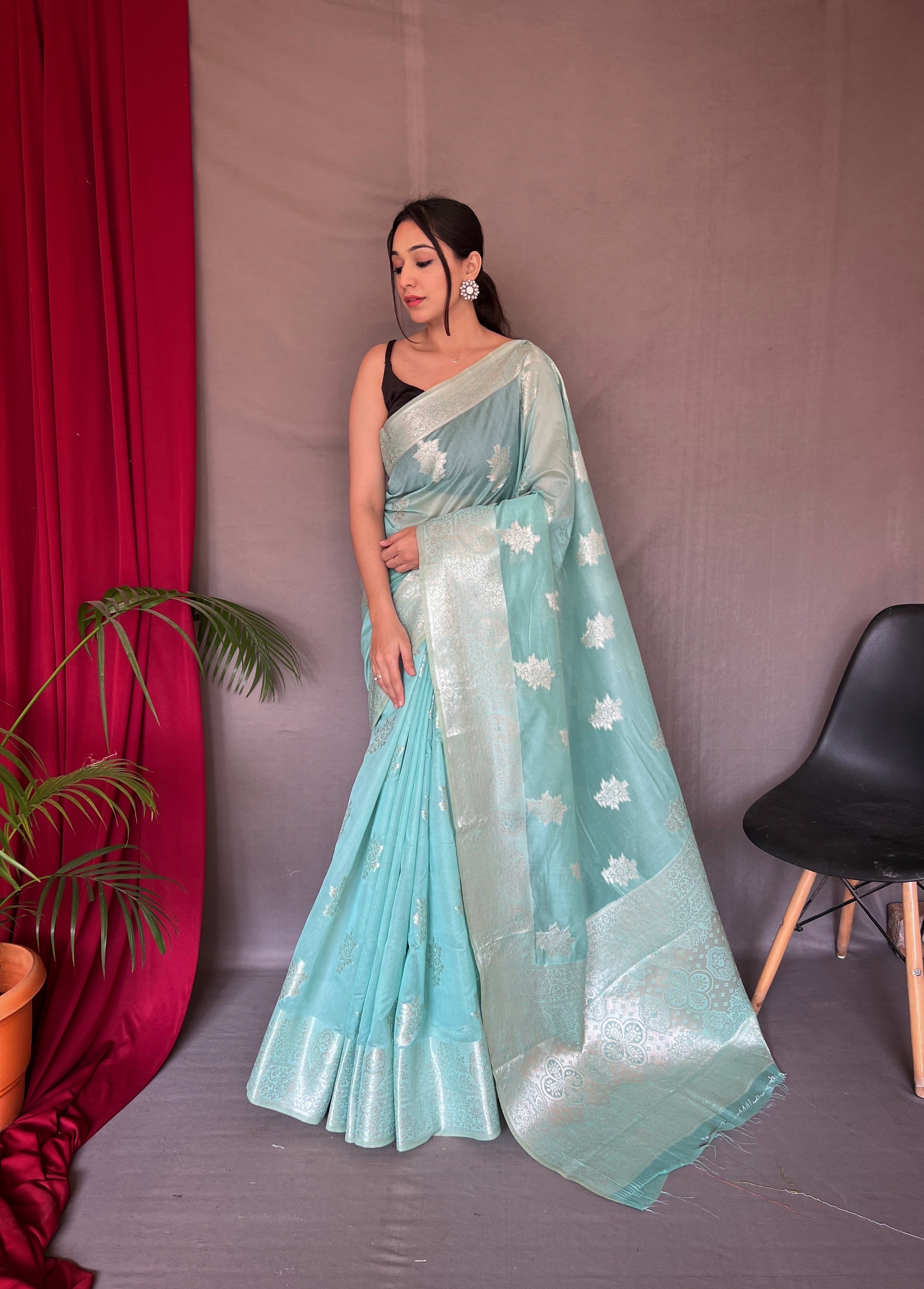 Saanvi Cotton Rose Gold Woven Saree Sky Blue