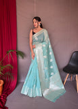 Saanvi Cotton Rose Gold Woven Saree Sky Blue