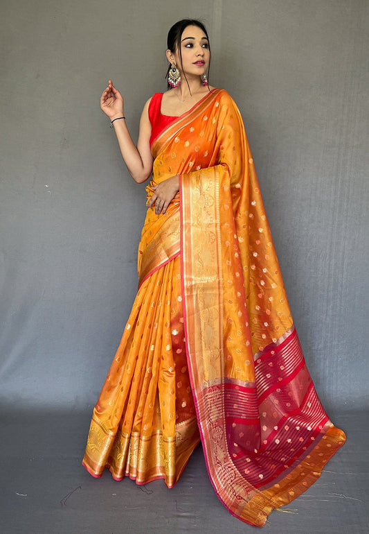 Orange Maitri Organza Contrast Zari Woven Saree