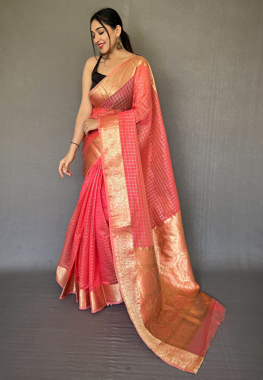 Coral Pink Plain Organza Checks Zari Woven Saree Party wear Saree