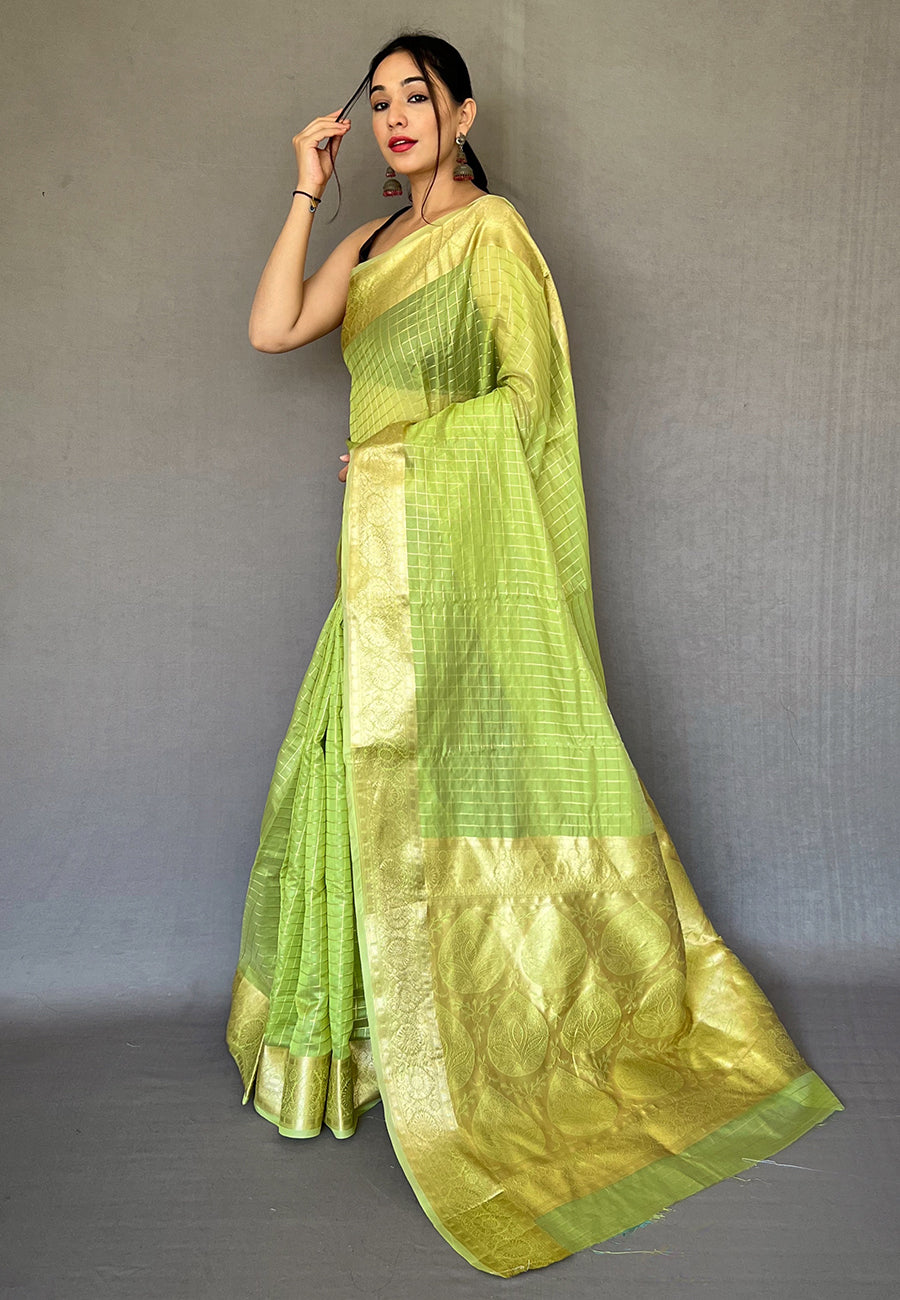 Green Plain Organza Checks Zari Woven Saree Party wear Saree