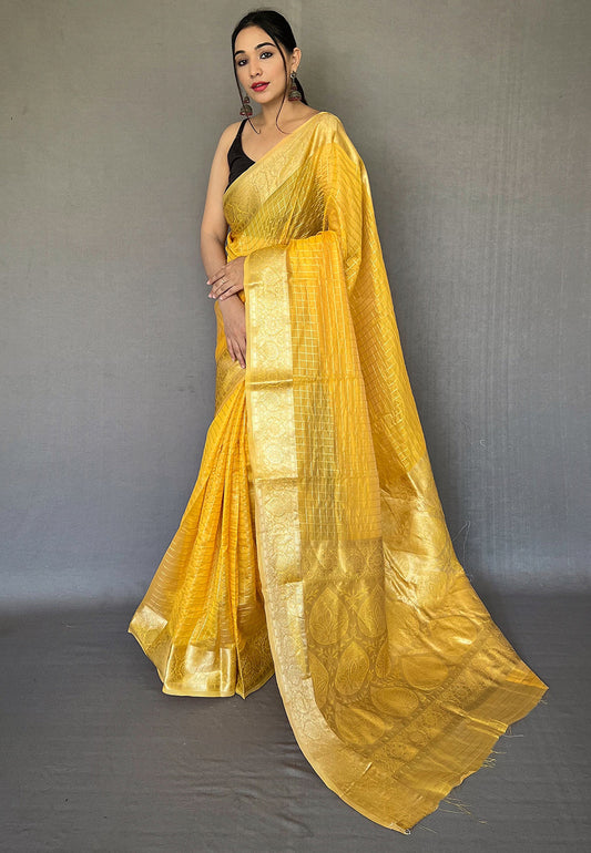 Yellow Plain Organza Checks Zari Woven Saree 