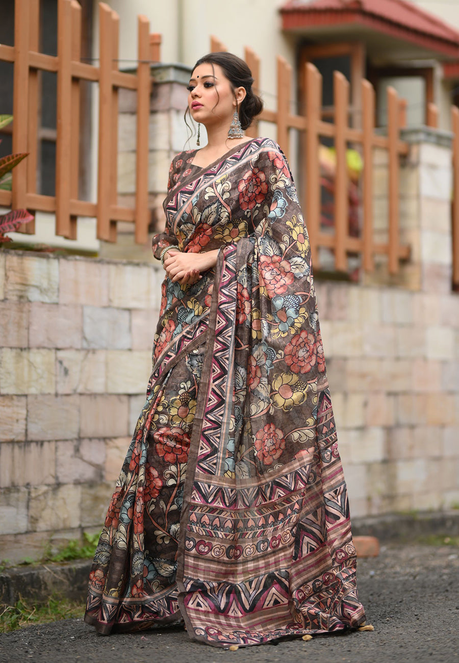 Brown Amita Linen Cotton Kalamkari Printed Saree