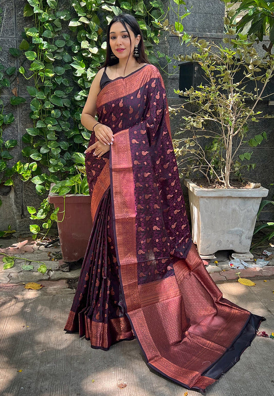 Magenta Wine Sita Banarasi Silk Copper Zari Woven Saree