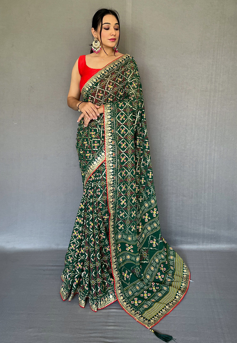 Green Georgette Bandhani Gota Patti Embroidered Saree