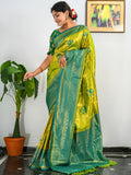 Pure Kanjeevaram Meenakari Woven Saree Mustard Green Saris & Lehengas