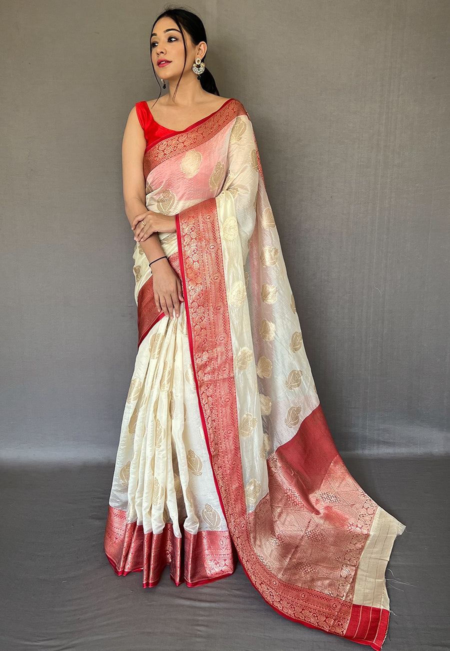 Ivory Tejaswi Organza Contrast Zari Woven Saree