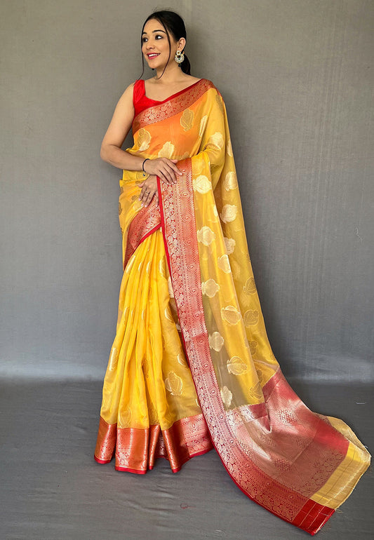 Orange Tejaswi Organza Contrast Zari Woven Saree