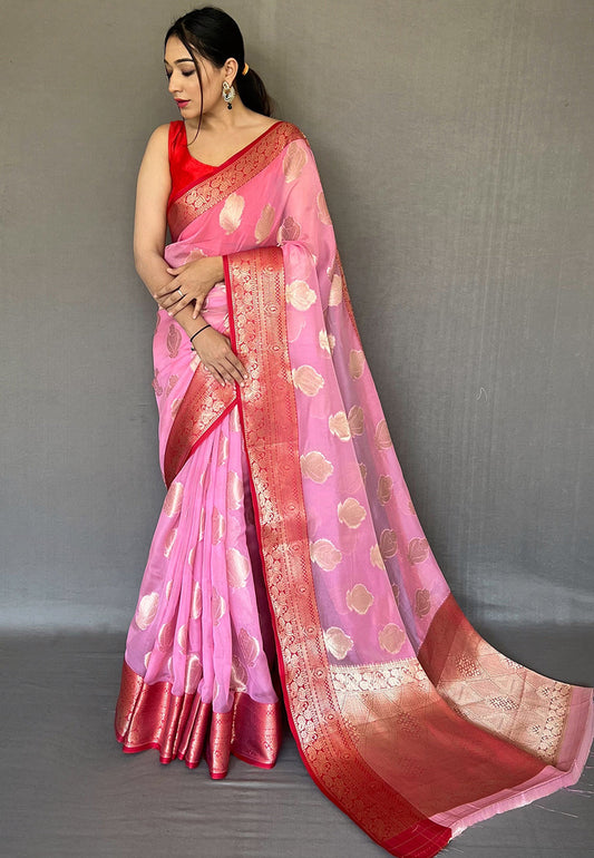 Pink Tejaswi Organza Contrast Zari Woven Saree