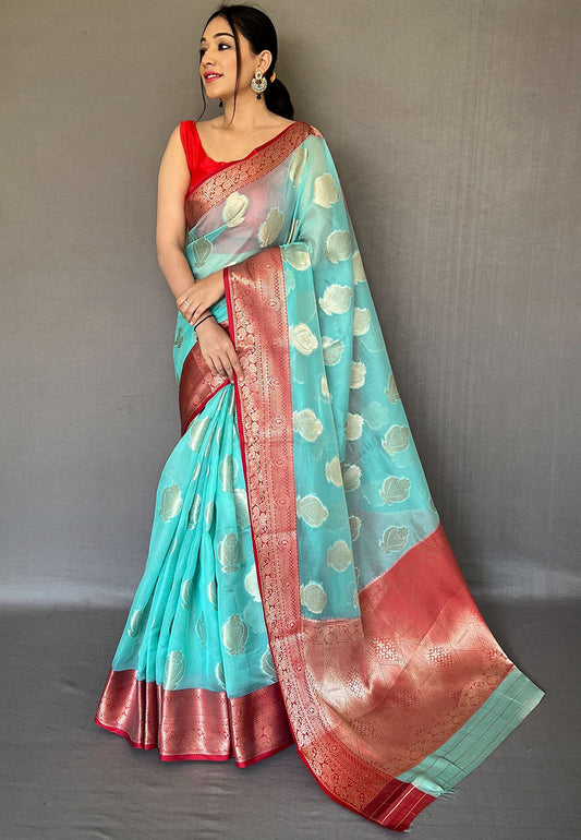 Sky Blue Tejaswi Organza Contrast Zari Woven Saree