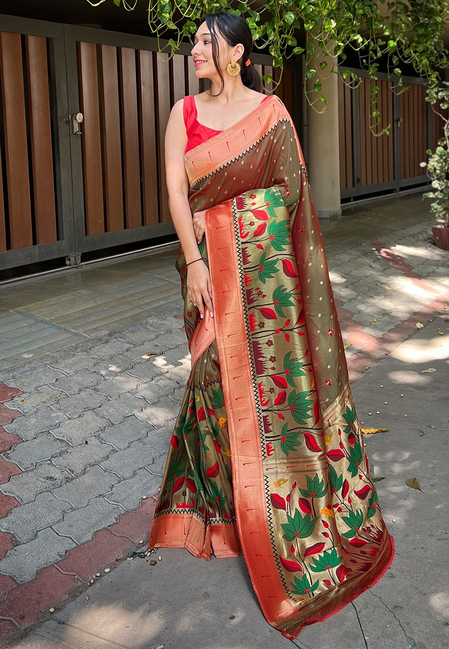 Mehendi Green Titli Royal Paithani Silk Zari Woven Saree Party wear Saree