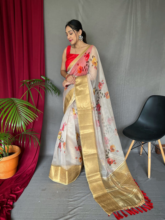 Organza Digital Floral Printed Saree Bone White