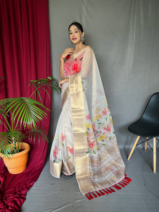 Organza Digital Floral Printed Saree Grey Goose