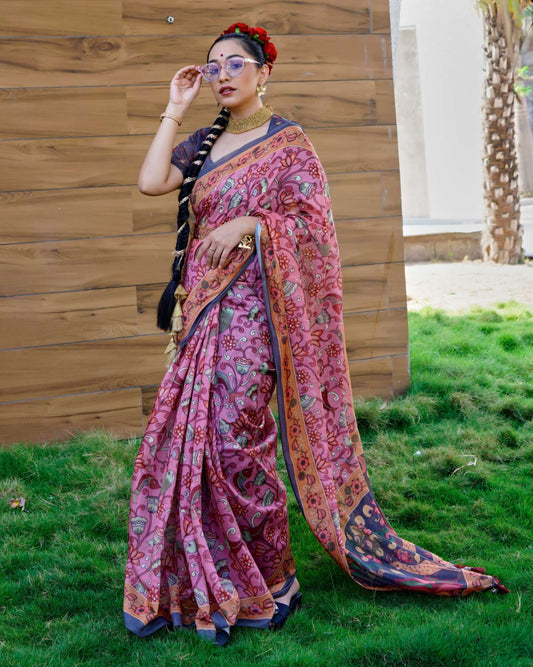 Pink Reshma Cotton Kalamkari Printed Saree