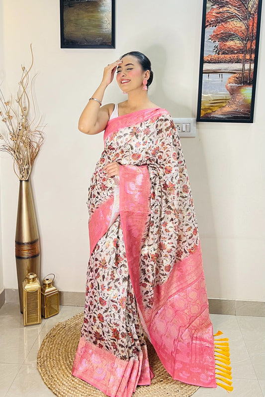 Banarasi Silk Floral Printed Contrast Woven Saree Pink