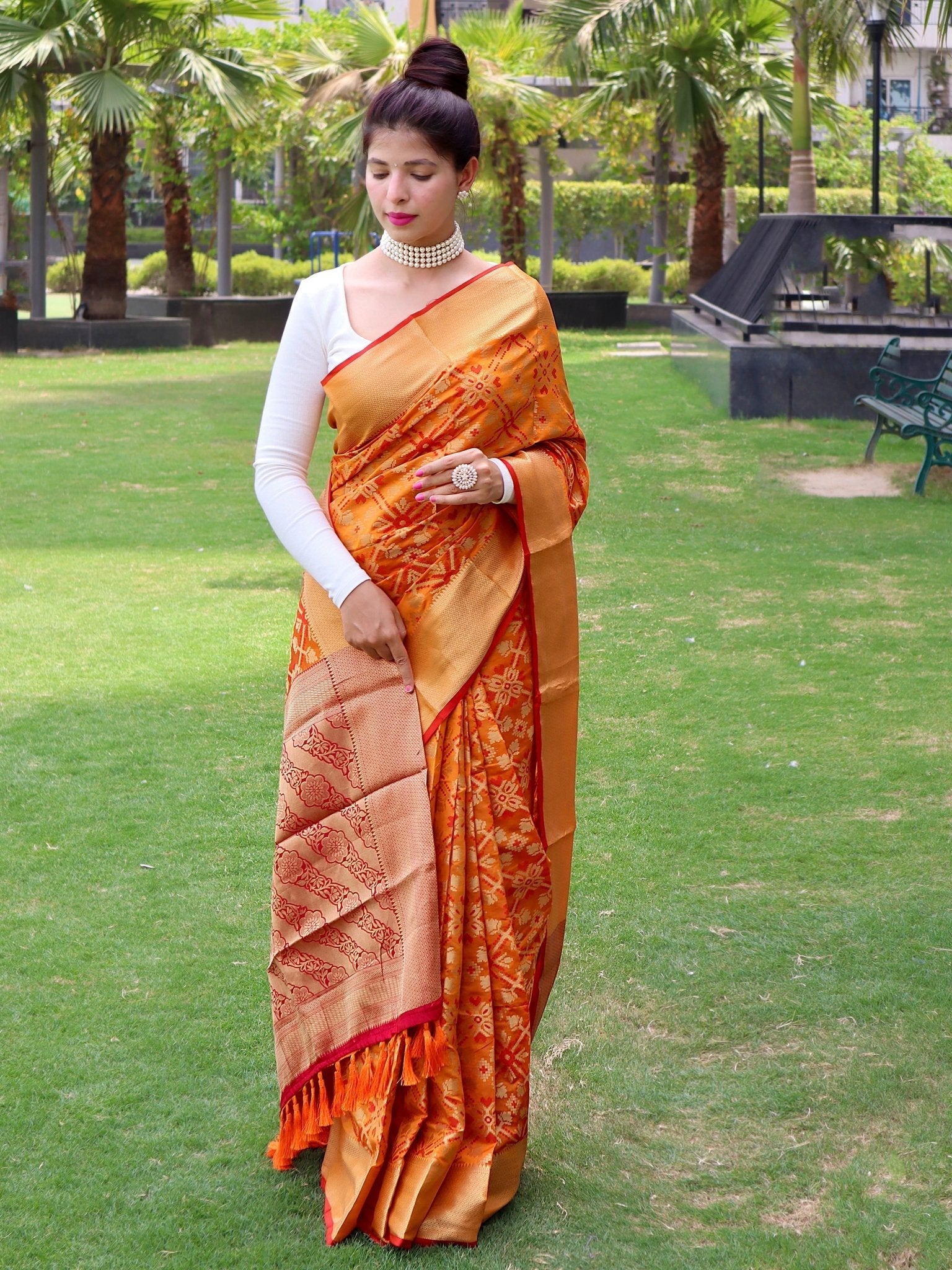 Patola Silk Woven Vol. 6 Contrast Orange with Red Saris & Lehengas