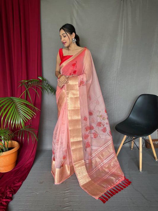 Organza Digital Floral Printed Saree Blush Pink