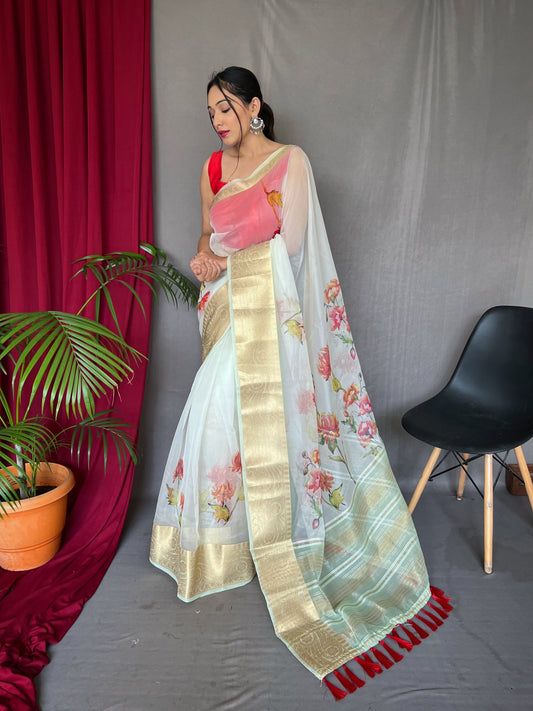 Organza Digital Floral Printed Saree Green Mist