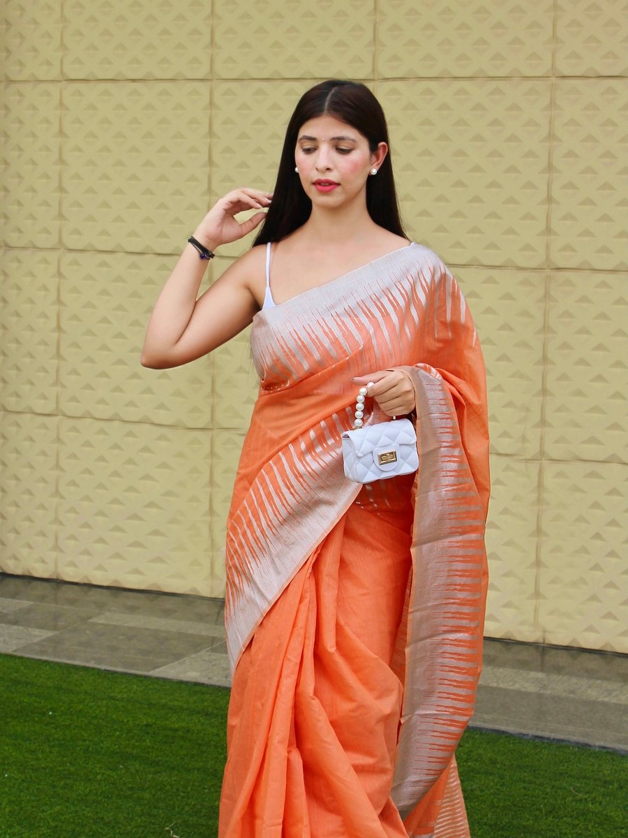 Pure Cotton Temple Woven Peach Saris & Lehengas