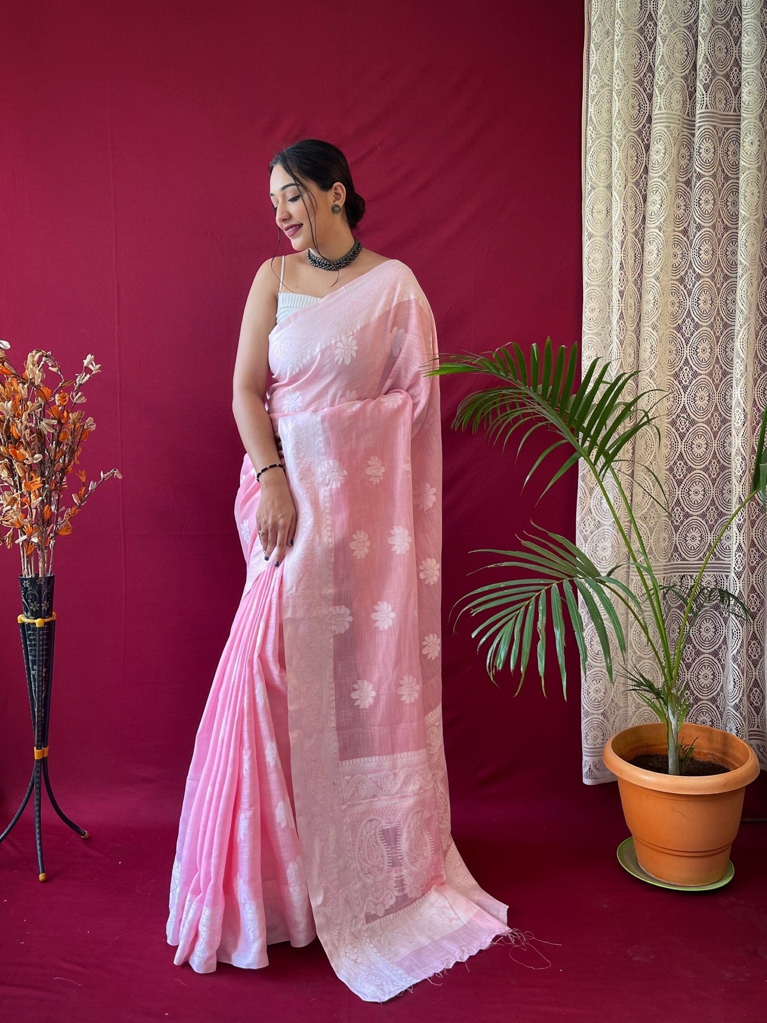 Pure Linen Lucknowi Woven Saree Pink Saris & Lehengas