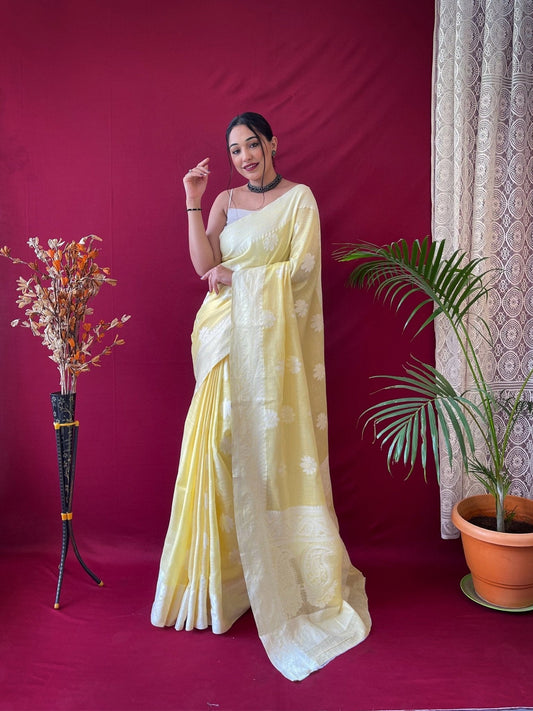 Pure Linen Lucknowi Woven Saree Yellow Saris & Lehengas