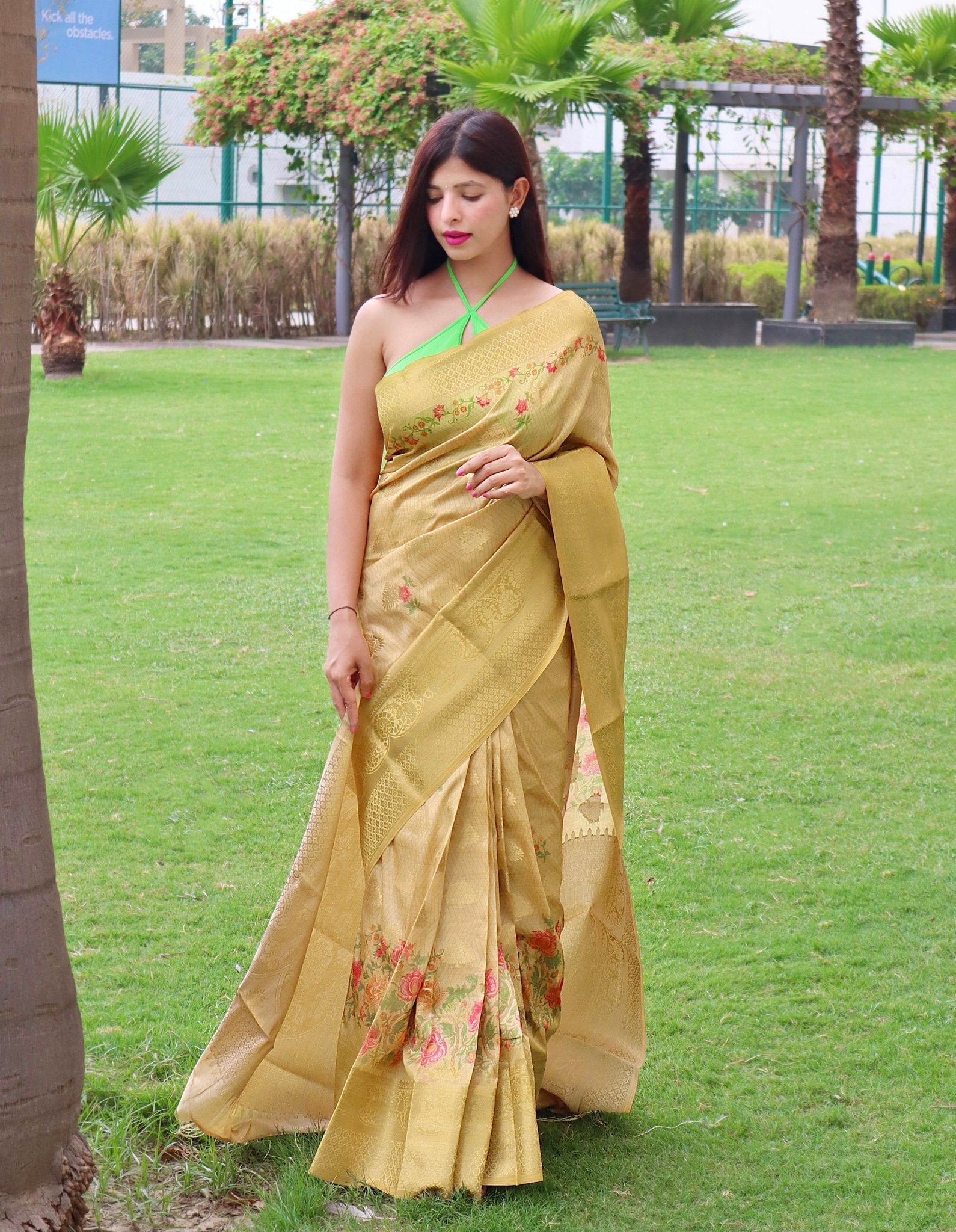 Radha Banarasi Silk Woven Saree with Floral Prints Yellow