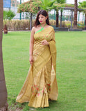 Radha Banarasi Silk Woven Saree with Floral Prints Yellow