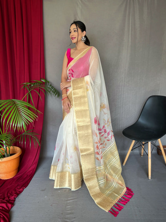 Organza Digital Floral Printed Saree Pastel Yellow